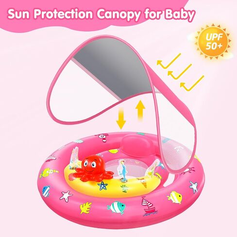 Baby Pool Float with Canopy, Inflatable Baby Swim Float with UPF50+ Sun Protection, Toddler Infant Pool Float with Toy Play Console Adjustable Safety Seat for Kids Girls Boys Aged 6-36 Months in Kuwait