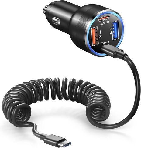 شاحن سيارة 65 وات من النوع C فائق السرعة لهاتف Samsung Galaxy S24 S23 Ultra، شاحن سيارة 2 حزمة 4 منافذ USB C لهاتف Samsung A13 A14 A15 A53 A54 S21 S22FE Note 10 20 محول سيارة Android + كابل ملفوف من النوع C بطول 5 أقدام in Kuwait