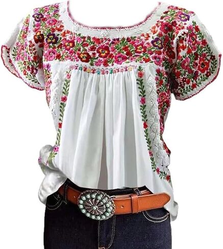 Women's Mexican Floral Embroidered Tops Summer Short Sleeve Pleated Peasant Blouses Casual Loose Crew Neck Shirt in Kuwait