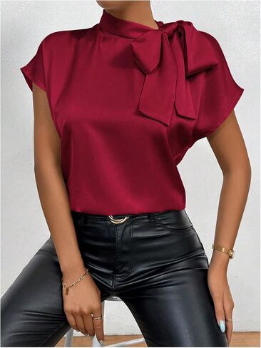 Milumia Women's Bow Tie Tie Mock Cap Cap Sleeve Satin Plouse Shirts in Saudi Arabia