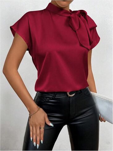 Milumia Women's Bow Tie Tie Mock Cap Cap Sleeve Satin Plouse Shirts in Saudi Arabia