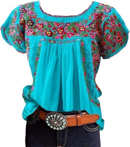 Women's Mexican Floral Embroidered Tops Summer Short Sleeve Pleated Peasant Blouses Casual Loose Crew Neck Shirt in Kuwait