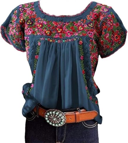 Women's Mexican Floral Embroidered Tops Summer Short Sleeve Pleated Peasant Blouses Casual Loose Crew Neck Shirt in Kuwait