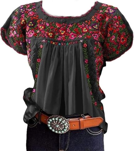 Women's Mexican Floral Embroidered Tops Summer Short Sleeve Pleated Peasant Blouses Casual Loose Crew Neck Shirt in Kuwait