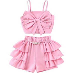 WDIRARA Toddler Girl's 2 Piece Outfits Bowknot Pearl Crop Cami Top and Layered Ruffle Shorts Set in Saudi Arabia