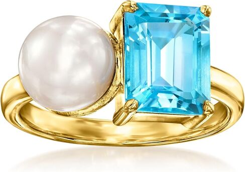 Ross-Simons 7.5-8mm Cultured Pearl and 2.90 Carat Swiss Blue Topaz Toi Et Moi Ring in 18kt Gold Over Sterling in Saudi Arabia