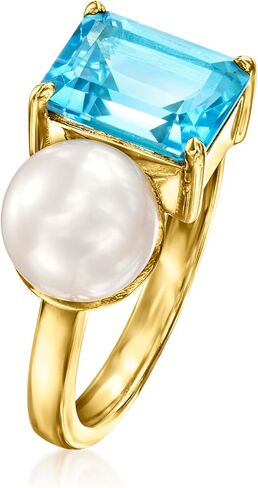 Ross-Simons 7.5-8mm Cultured Pearl and 2.90 Carat Swiss Blue Topaz Toi Et Moi Ring in 18kt Gold Over Sterling in Saudi Arabia