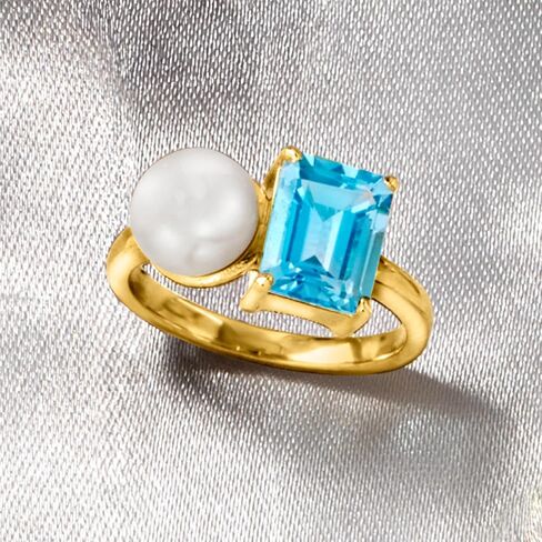 Ross-Simons 7.5-8mm Cultured Pearl and 2.90 Carat Swiss Blue Topaz Toi Et Moi Ring in 18kt Gold Over Sterling in Saudi Arabia