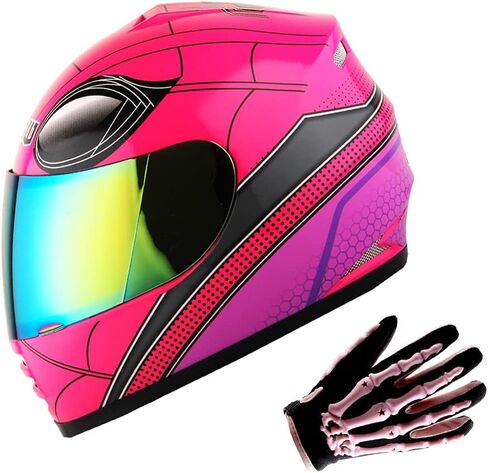 واو شباب دراجة نارية كاملة الوجه خوذة شارع شارع BMX MX Kids Spider Pink + MX حزمة قفازات الهيكل العظمي MX in Kuwait