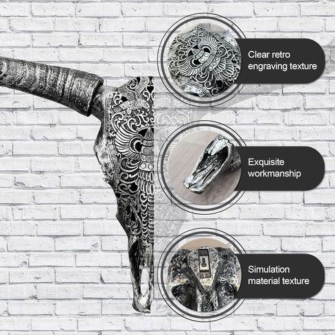 HETBGJU Large Black white Faux Cow Skull Wall Decor with Long Horns - Realistic Resin Bull Head Sculpture - Western Farmhouse Wall Hanging 31" x 24" incl Horns (black) in Saudi Arabia