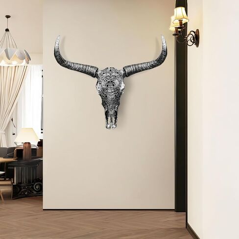 HETBGJU Large Black white Faux Cow Skull Wall Decor with Long Horns - Realistic Resin Bull Head Sculpture - Western Farmhouse Wall Hanging 31" x 24" incl Horns (black) in Saudi Arabia