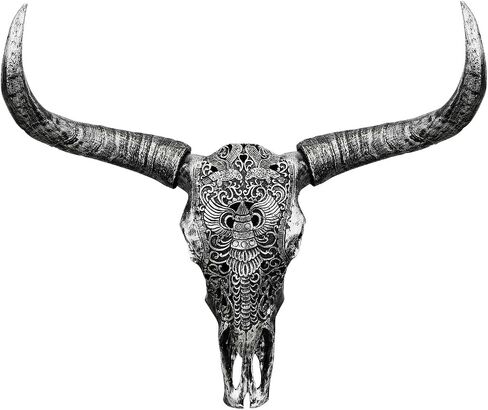 HETBGJU Large Black white Faux Cow Skull Wall Decor with Long Horns - Realistic Resin Bull Head Sculpture - Western Farmhouse Wall Hanging 31" x 24" incl Horns (black) in Saudi Arabia