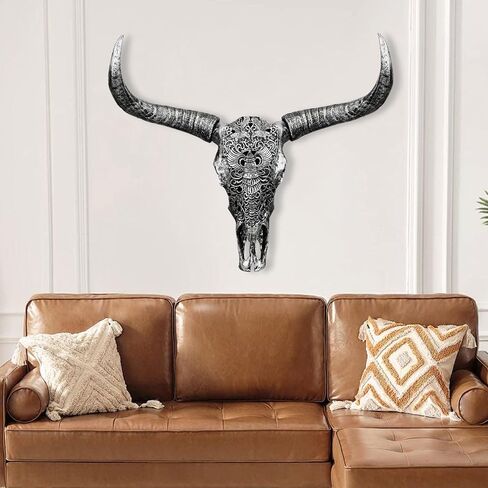 HETBGJU Large Black white Faux Cow Skull Wall Decor with Long Horns - Realistic Resin Bull Head Sculpture - Western Farmhouse Wall Hanging 31" x 24" incl Horns (black) in Saudi Arabia