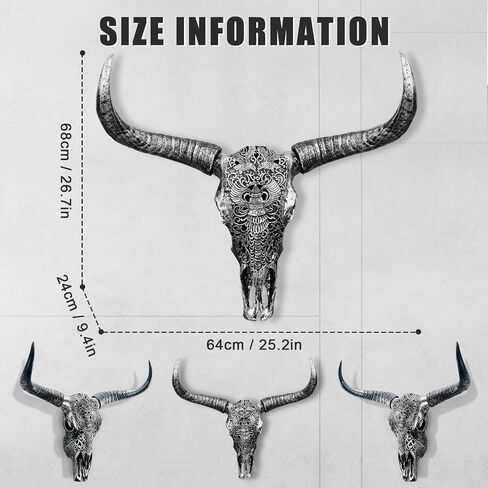 HETBGJU Large Black white Faux Cow Skull Wall Decor with Long Horns - Realistic Resin Bull Head Sculpture - Western Farmhouse Wall Hanging 31" x 24" incl Horns (black) in Saudi Arabia
