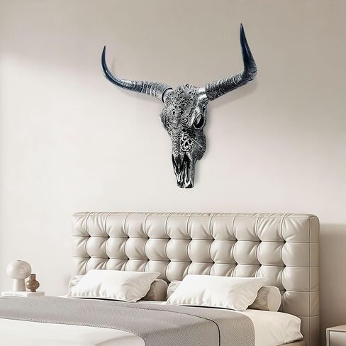 HETBGJU Large Black white Faux Cow Skull Wall Decor with Long Horns - Realistic Resin Bull Head Sculpture - Western Farmhouse Wall Hanging 31" x 24" incl Horns (black) in Saudi Arabia