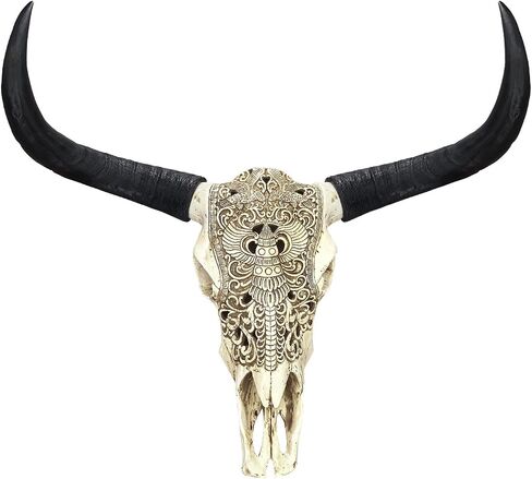 HETBGJU Large Black white Faux Cow Skull Wall Decor with Long Horns - Realistic Resin Bull Head Sculpture - Western Farmhouse Wall Hanging 31" x 24" incl Horns (black) in Saudi Arabia