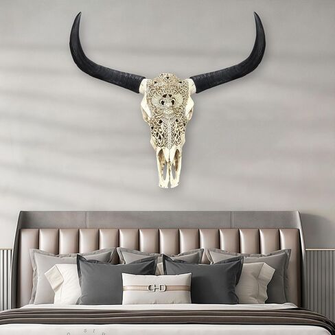 HETBGJU Large Black white Faux Cow Skull Wall Decor with Long Horns - Realistic Resin Bull Head Sculpture - Western Farmhouse Wall Hanging 31" x 24" incl Horns (black) in Saudi Arabia