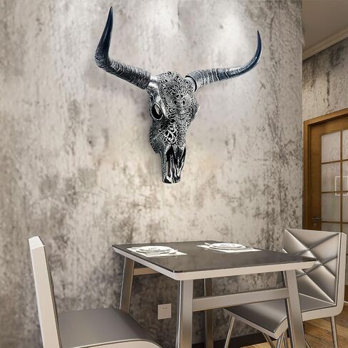 HETBGJU Large Black white Faux Cow Skull Wall Decor with Long Horns - Realistic Resin Bull Head Sculpture - Western Farmhouse Wall Hanging 31" x 24" incl Horns (black) in Saudi Arabia