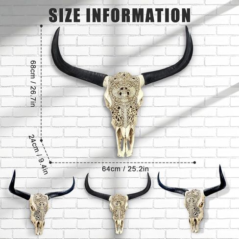 HETBGJU Large Black white Faux Cow Skull Wall Decor with Long Horns - Realistic Resin Bull Head Sculpture - Western Farmhouse Wall Hanging 31" x 24" incl Horns (black) in Saudi Arabia