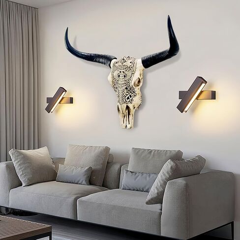 HETBGJU Large Black white Faux Cow Skull Wall Decor with Long Horns - Realistic Resin Bull Head Sculpture - Western Farmhouse Wall Hanging 31" x 24" incl Horns (black) in Saudi Arabia