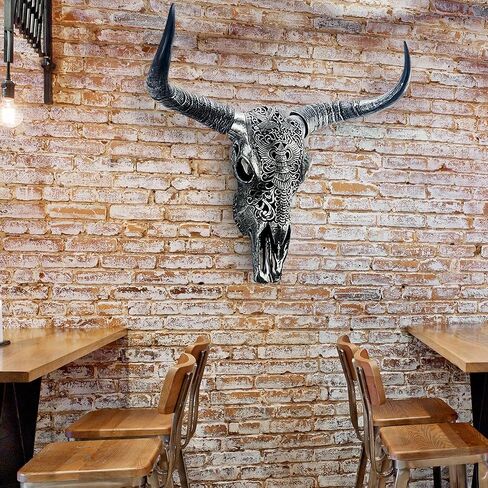 HETBGJU Large Black white Faux Cow Skull Wall Decor with Long Horns - Realistic Resin Bull Head Sculpture - Western Farmhouse Wall Hanging 31" x 24" incl Horns (black) in Saudi Arabia
