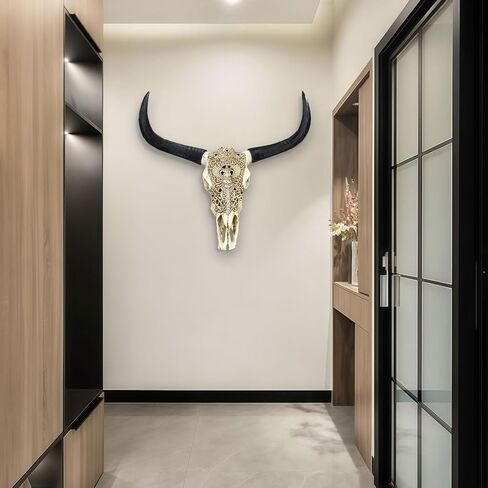 HETBGJU Large Black white Faux Cow Skull Wall Decor with Long Horns - Realistic Resin Bull Head Sculpture - Western Farmhouse Wall Hanging 31" x 24" incl Horns (black) in Saudi Arabia