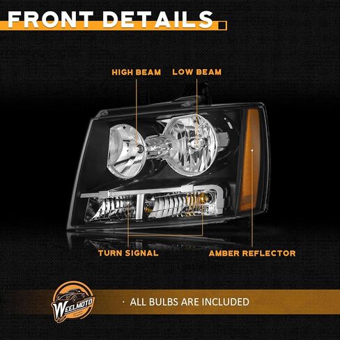 المصباح الأمامي لعام 2007-2013 Avalancha/Suburban 2500 ، 2008-2013 Tahoe Hybrid ، 07-14 Tahoe 1500 ، 2012-2014 Tahoe SSV Headlamp Black Housing Clear+الجانب الأيمن in Kuwait