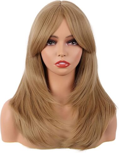 MapofBeauty 20 Inch/50 cm Long Layered With Bangs Straight Synthetic fiber Shoulder Length Hair Party Wig (Mixed Gold) in Saudi Arabia