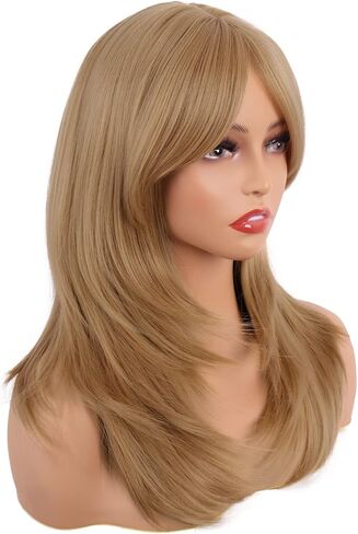 MapofBeauty 20 Inch/50 cm Long Layered With Bangs Straight Synthetic fiber Shoulder Length Hair Party Wig (Mixed Gold) in Saudi Arabia