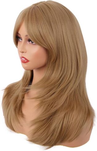 MapofBeauty 20 Inch/50 cm Long Layered With Bangs Straight Synthetic fiber Shoulder Length Hair Party Wig (Mixed Gold) in Saudi Arabia
