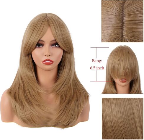 MapofBeauty 20 Inch/50 cm Long Layered With Bangs Straight Synthetic fiber Shoulder Length Hair Party Wig (Mixed Gold) in Saudi Arabia