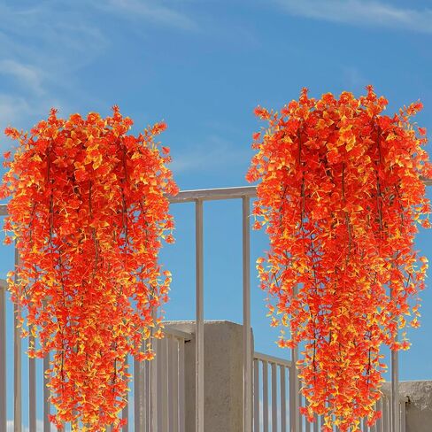 Artificial Fall Hanging Flowers Outdoor, UV Resistant No Fade Fake Plastic Plants for Garden Porch Window Box, Thankgiving Day Decor (Orange Red, 6 Bundles) in Kuwait