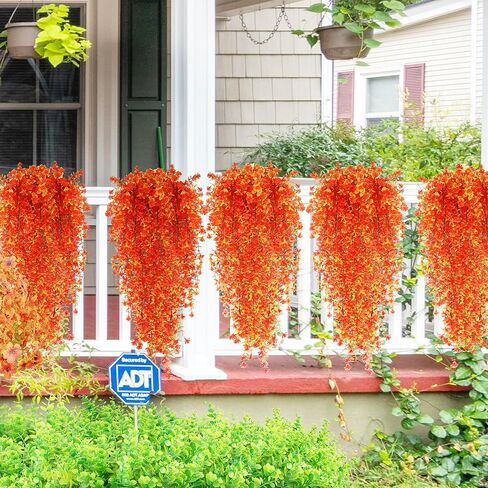 Artificial Fall Hanging Flowers Outdoor, UV Resistant No Fade Fake Plastic Plants for Garden Porch Window Box, Thankgiving Day Decor (Orange Red, 6 Bundles) in Kuwait