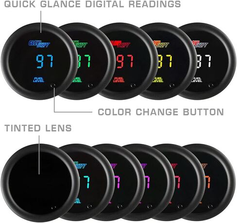 GlowShift 10 Color Digital Fuel Level Kit - عرض LED متعدد الألوان - عدسة ملونة - لمركبات الغاز والديزل - 2-1/16 "(52 مم) in Saudi Arabia