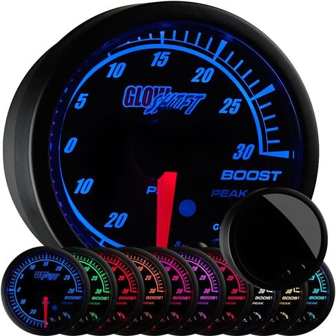 GlowShift Elite 10 Color 30 PSI Boost/Vacuum Gauge Kit - includes Electronic Pressure Sensor - Black Dial - Tinted Lens - Peak Recall Function - for Car & Truck - 2-1/16" 52mm in Saudi Arabia