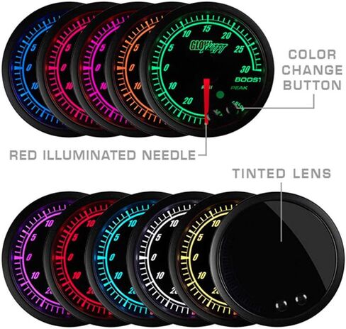 GlowShift Elite 10 Color 30 PSI Boost/Vacuum Gauge Kit - includes Electronic Pressure Sensor - Black Dial - Tinted Lens - Peak Recall Function - for Car & Truck - 2-1/16" 52mm in Saudi Arabia