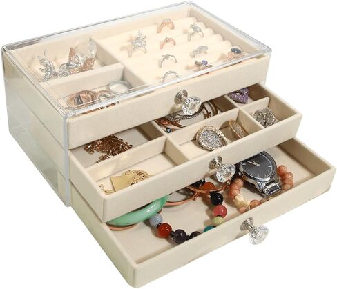 Jewelry Box with Acrylic Lid, 3-Layer Jewelry Organizer, 2 Drawers, for Big and Small Jewelry, Velvet jewelry box，9.25 * 5.31 * 4.13 in（Beige in Saudi Arabia