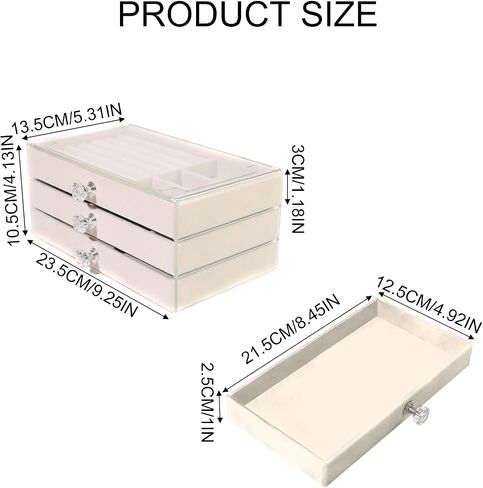 Jewelry Box with Acrylic Lid, 3-Layer Jewelry Organizer, 2 Drawers, for Big and Small Jewelry, Velvet jewelry box，9.25 * 5.31 * 4.13 in（Beige in Saudi Arabia