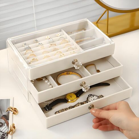 Jewelry Box with Acrylic Lid, 3-Layer Jewelry Organizer, 2 Drawers, for Big and Small Jewelry, Velvet jewelry box，9.25 * 5.31 * 4.13 in（Beige in Saudi Arabia
