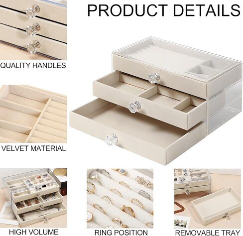 Jewelry Box with Acrylic Lid, 3-Layer Jewelry Organizer, 2 Drawers, for Big and Small Jewelry, Velvet jewelry box，9.25 * 5.31 * 4.13 in（Beige in Saudi Arabia