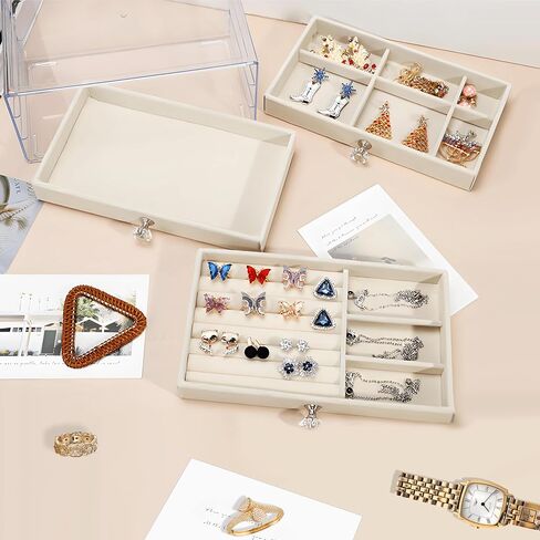 Jewelry Box with Acrylic Lid, 3-Layer Jewelry Organizer, 2 Drawers, for Big and Small Jewelry, Velvet jewelry box，9.25 * 5.31 * 4.13 in（Beige in Saudi Arabia