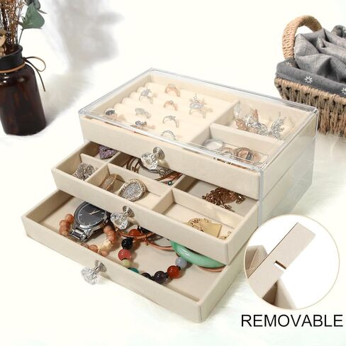 Jewelry Box with Acrylic Lid, 3-Layer Jewelry Organizer, 2 Drawers, for Big and Small Jewelry, Velvet jewelry box，9.25 * 5.31 * 4.13 in（Beige in Saudi Arabia