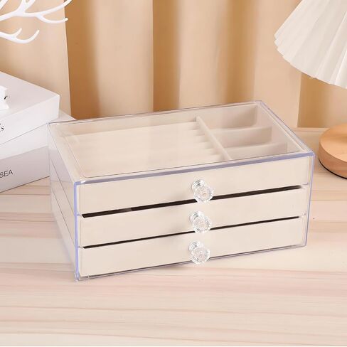 Jewelry Box with Acrylic Lid, 3-Layer Jewelry Organizer, 2 Drawers, for Big and Small Jewelry, Velvet jewelry box，9.25 * 5.31 * 4.13 in（Beige in Saudi Arabia