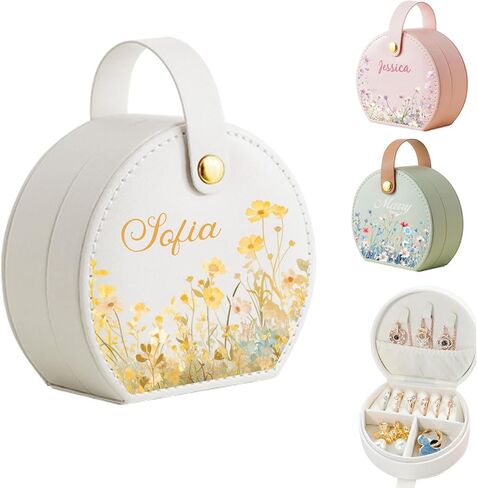 Personalized Monogram Travel Jewelry Box with Name, Women Custom Jewelry Case, Portable Elegant Half-Moon Organizer, Bridesmaid Wedding Bridal Shower Birthday Gifts for Mom Wife Girls in Saudi Arabia
