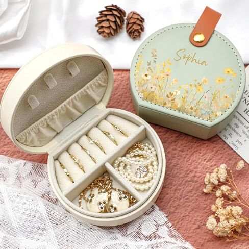Personalized Monogram Travel Jewelry Box with Name, Women Custom Jewelry Case, Portable Elegant Half-Moon Organizer, Bridesmaid Wedding Bridal Shower Birthday Gifts for Mom Wife Girls in Saudi Arabia