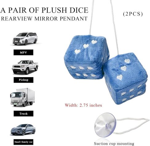 2 PCS Fuzzy Plush Dice for Car Rearview Mirror, 3'' Retro Square Heart-Shape Dice Mirror Hanging Ornament, Universal Interior Hanging Dice Decor Accessories for Men Women (Purple) in Saudi Arabia