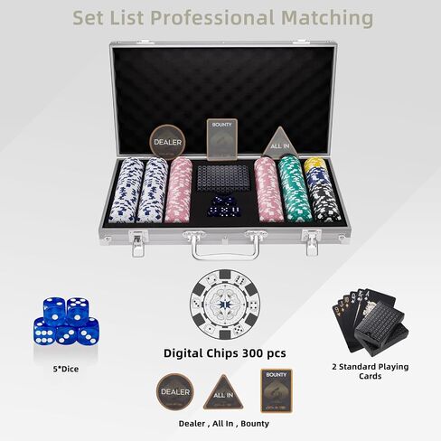 300Pcs Poker Chips Set for Texas Holdem,Blackjack, Tournaments with Aluminum Case,2 Decks of Cards, Dealer, Small Blind, Big Blind Buttons and 5 Dice,11.5 Gram in Saudi Arabia