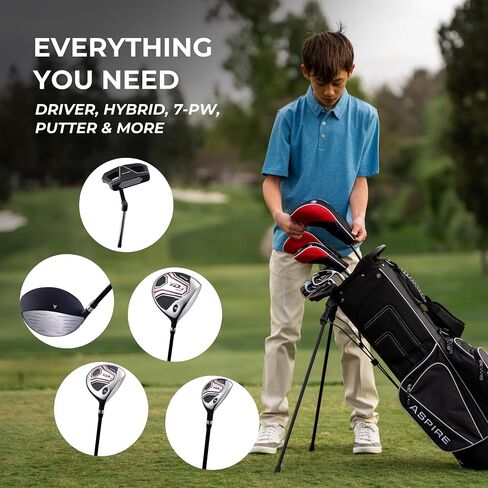 مجموعة الجولف الكاملة للمراهقين XD1 من Aspire تتضمن السائق، Fairway، Hybrid، 7، 8، 9، مكاوي إسفينية، مضرب، حقيبة حامل، 3 HC'S للمراهقين الذين تتراوح أعمارهم بين 13-16 يد يمنى - الارتفاع 5'1" - 5'6" in Kuwait