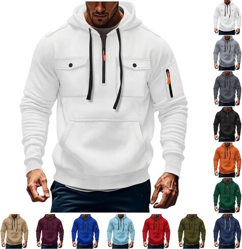 Men's Fashion Hoodies & Sweatshirts Quarter-Zip Drawstring Hooded Shirts Causal Long Sleeve Tactical Cargo Pullover in Saudi Arabia
