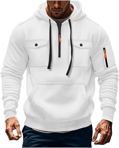 Men's Fashion Hoodies & Sweatshirts Quarter-Zip Drawstring Hooded Shirts Causal Long Sleeve Tactical Cargo Pullover in Saudi Arabia